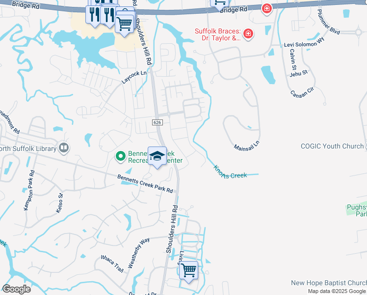 map of restaurants, bars, coffee shops, grocery stores, and more near 125 Meridian Place in Suffolk