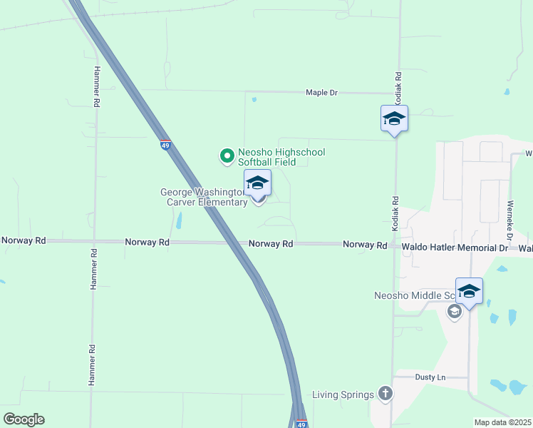 map of restaurants, bars, coffee shops, grocery stores, and more near 12350 Norway Road in Neosho