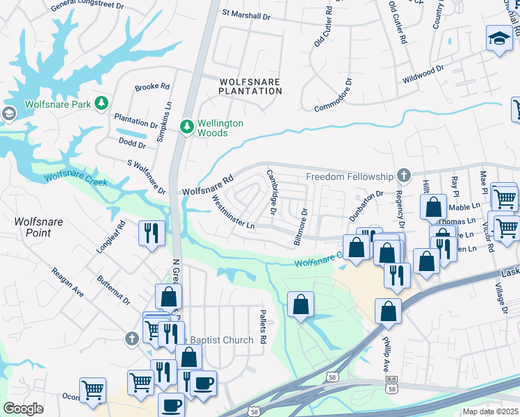 map of restaurants, bars, coffee shops, grocery stores, and more near 2248 Chadwick Drive in Virginia Beach