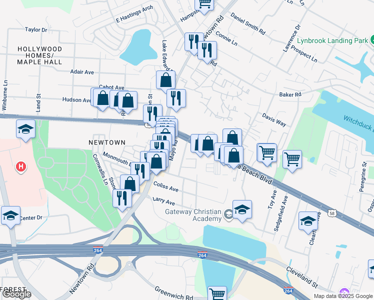 map of restaurants, bars, coffee shops, grocery stores, and more near 286 Fair Meadows Road in Virginia Beach