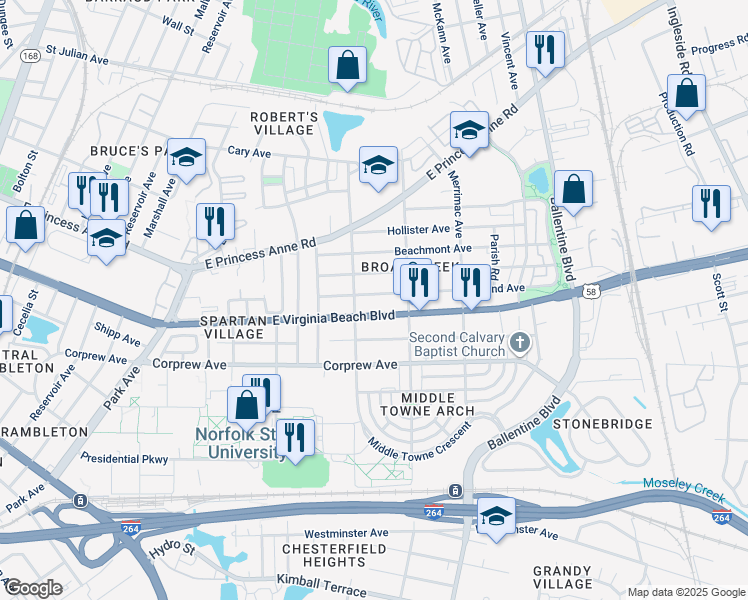 map of restaurants, bars, coffee shops, grocery stores, and more near 2717 Woodland Avenue in Norfolk