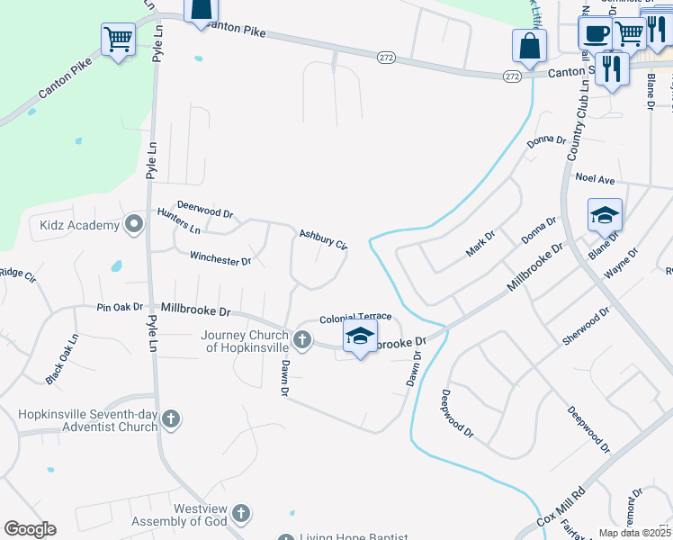 map of restaurants, bars, coffee shops, grocery stores, and more near 613 Ashbury Circle in Hopkinsville