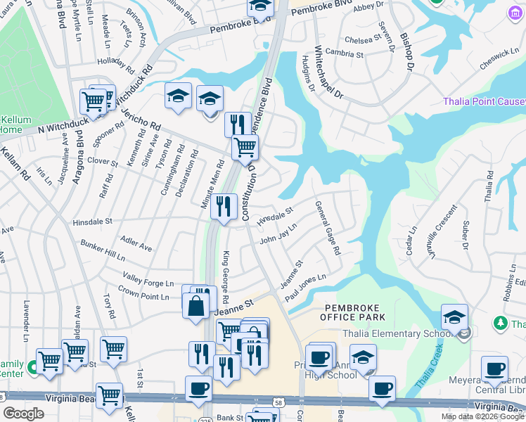 map of restaurants, bars, coffee shops, grocery stores, and more near 509 Jonathan Court in Virginia Beach