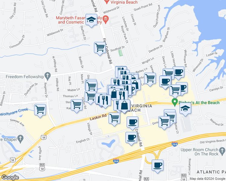 map of restaurants, bars, coffee shops, grocery stores, and more near 1867 Chantilly Court in Virginia Beach