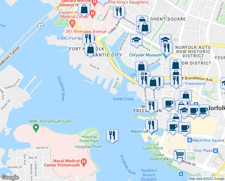 map of restaurants, bars, coffee shops, grocery stores, and more near 111 Rader Street in Norfolk
