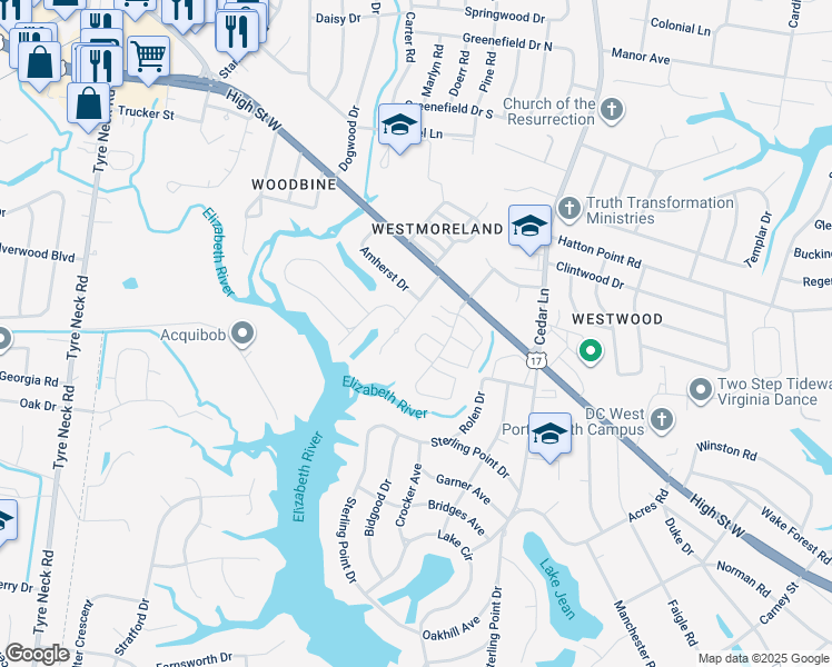 map of restaurants, bars, coffee shops, grocery stores, and more near 5128 Castle Way in Portsmouth