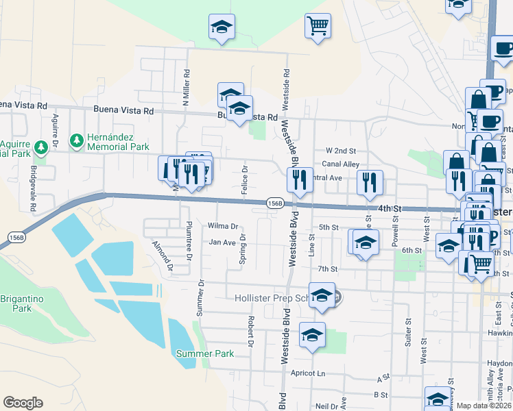 map of restaurants, bars, coffee shops, grocery stores, and more near 1110 Ball Court in Hollister