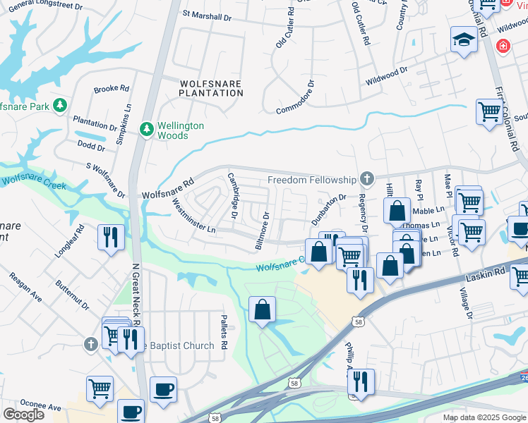 map of restaurants, bars, coffee shops, grocery stores, and more near 739 Biltmore Drive in Virginia Beach