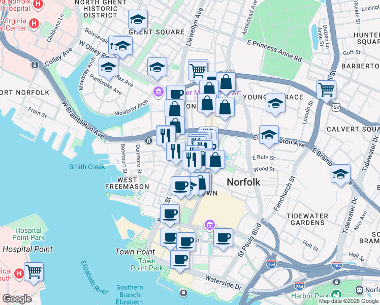 map of restaurants, bars, coffee shops, grocery stores, and more near 119 West York Street in Norfolk