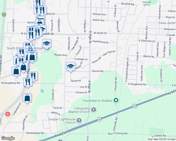map of restaurants, bars, coffee shops, grocery stores, and more near 409 Geyer Road in Neosho