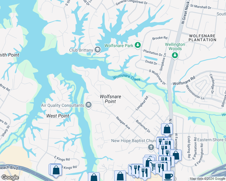 map of restaurants, bars, coffee shops, grocery stores, and more near 276 Windship Cove in Virginia Beach