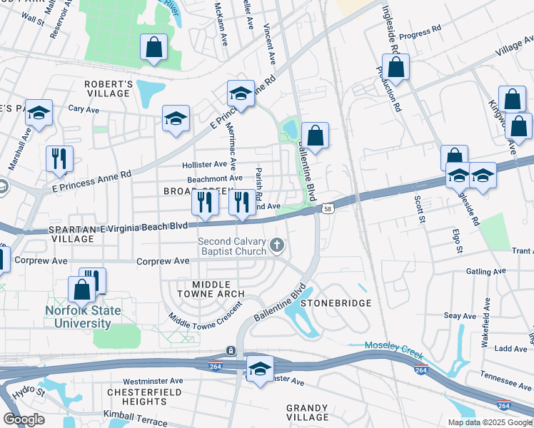map of restaurants, bars, coffee shops, grocery stores, and more near 2932 East Virginia Beach Boulevard in Norfolk