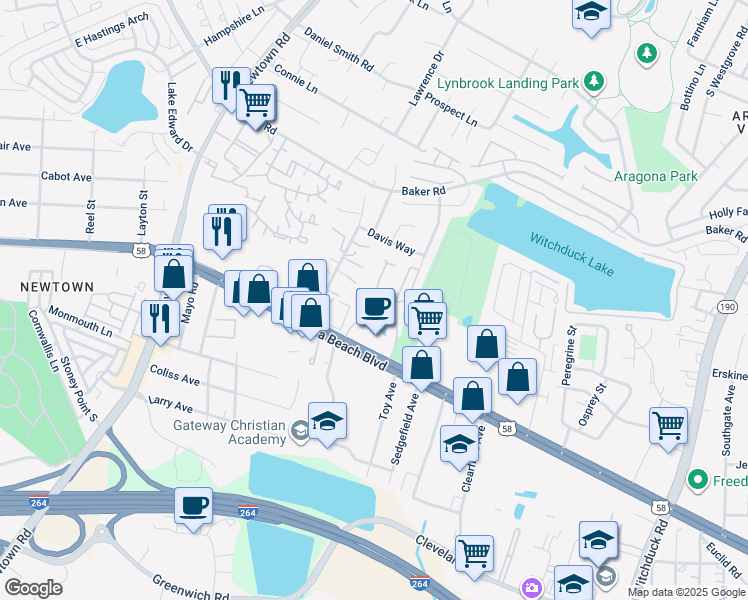 map of restaurants, bars, coffee shops, grocery stores, and more near 397 Brixton Drive in Virginia Beach