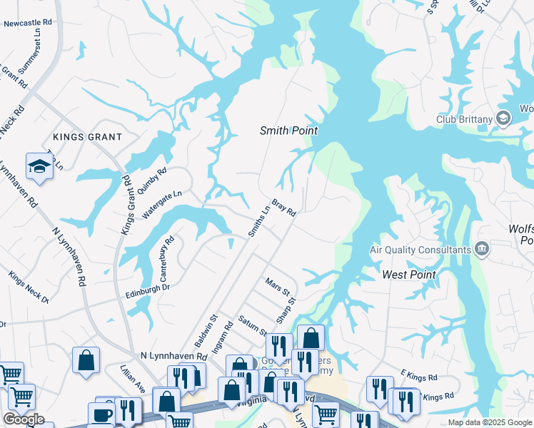 map of restaurants, bars, coffee shops, grocery stores, and more near 524 Smiths Lane in Virginia Beach