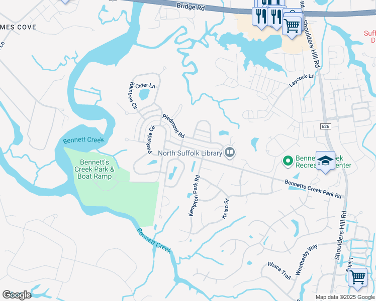 map of restaurants, bars, coffee shops, grocery stores, and more near 1488 Elderberry Road in Suffolk