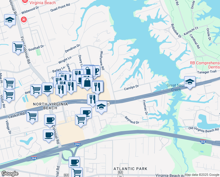 map of restaurants, bars, coffee shops, grocery stores, and more near 825 Winwood Drive in Virginia Beach