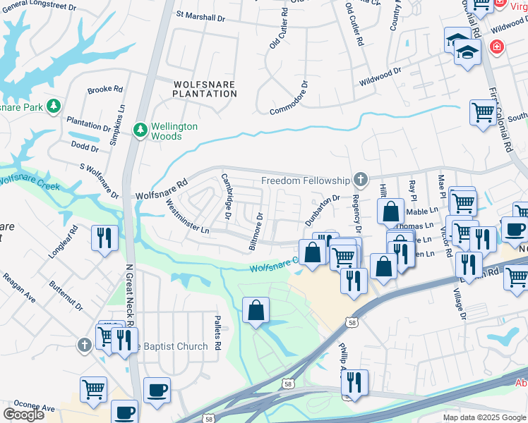 map of restaurants, bars, coffee shops, grocery stores, and more near 738 Biltmore Drive in Virginia Beach