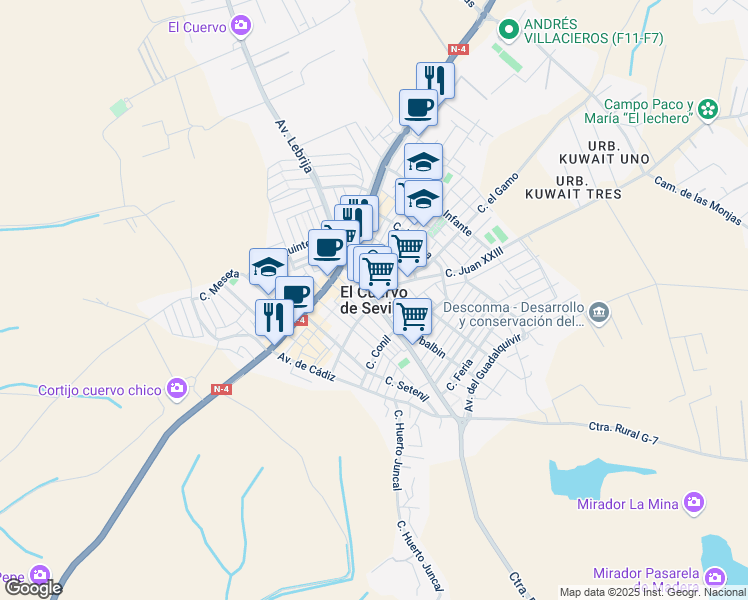map of restaurants, bars, coffee shops, grocery stores, and more near in El Cuervo de Sevilla