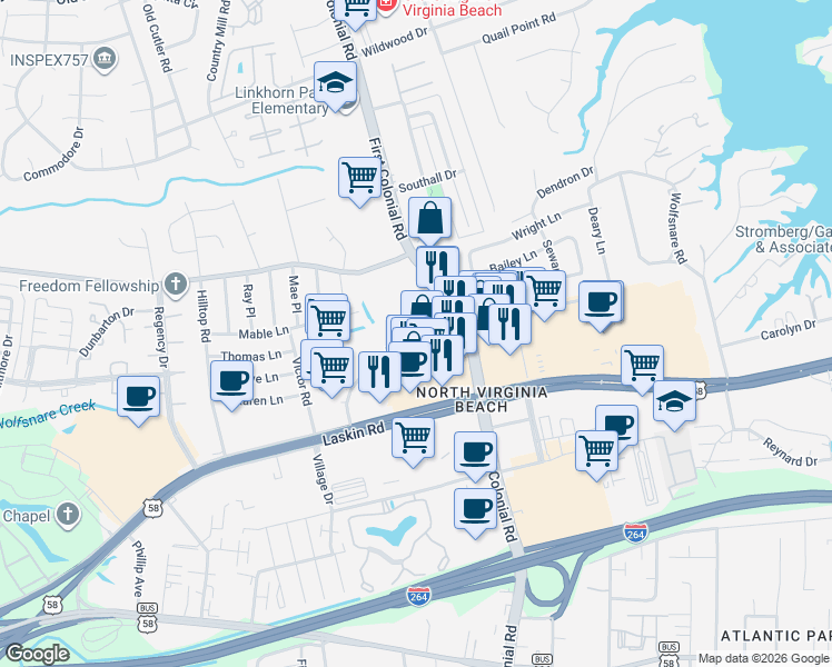 map of restaurants, bars, coffee shops, grocery stores, and more near 1839 Chantilly Court in Virginia Beach