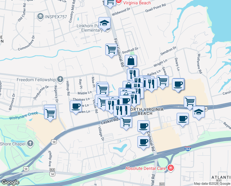 map of restaurants, bars, coffee shops, grocery stores, and more near 845 First Colonial Road in Virginia Beach