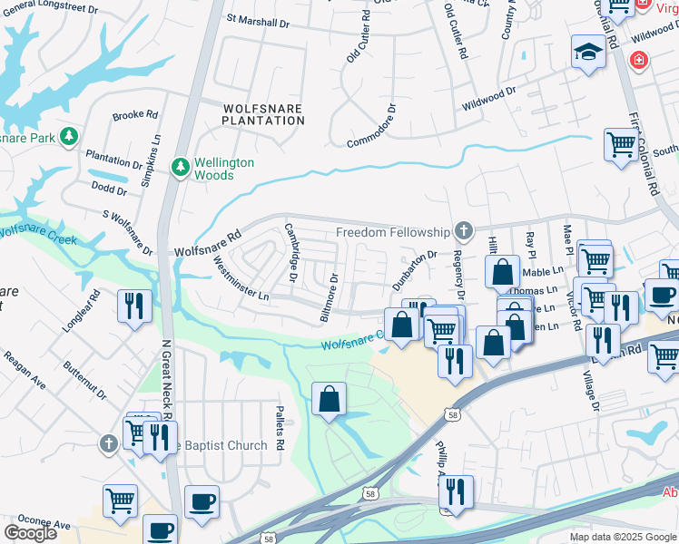 map of restaurants, bars, coffee shops, grocery stores, and more near 738 Biltmore Drive in Virginia Beach
