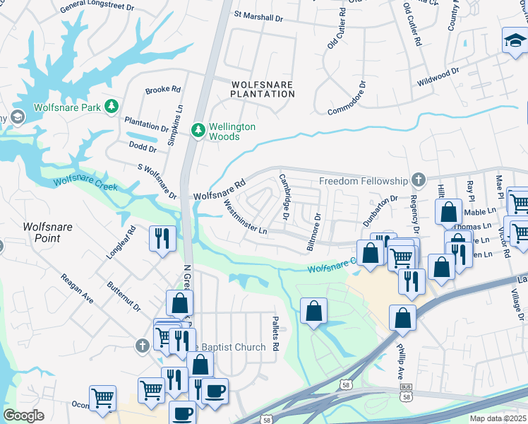 map of restaurants, bars, coffee shops, grocery stores, and more near 2237 Windom Place in Virginia Beach