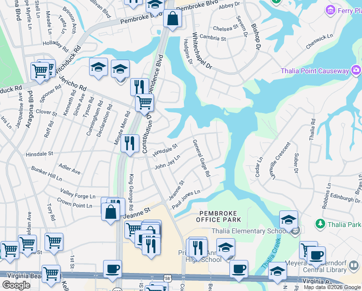 map of restaurants, bars, coffee shops, grocery stores, and more near 4428 Hinsdale Street in Virginia Beach