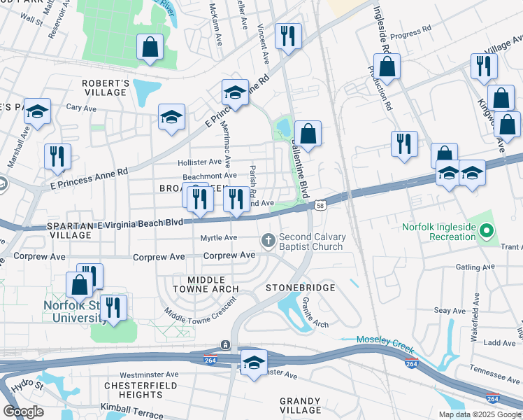 map of restaurants, bars, coffee shops, grocery stores, and more near 2955 Mapleton Avenue in Norfolk
