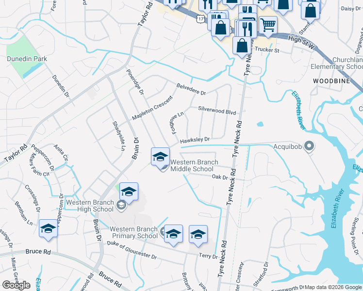 map of restaurants, bars, coffee shops, grocery stores, and more near 3204 Foxgrove Lane in Chesapeake