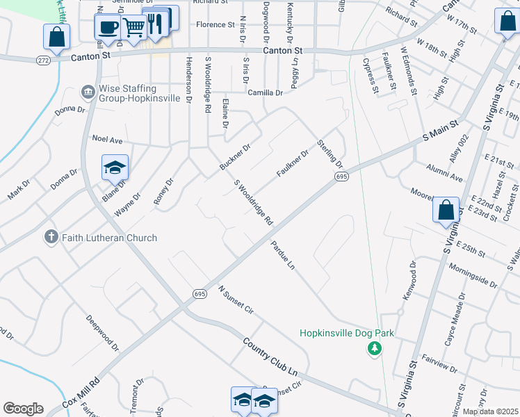 map of restaurants, bars, coffee shops, grocery stores, and more near 2587-2599 Faulkner Dr in Hopkinsville