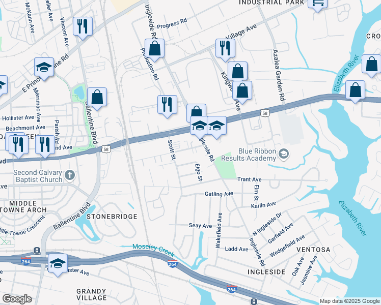 map of restaurants, bars, coffee shops, grocery stores, and more near 3535 Mangrove Avenue in Norfolk