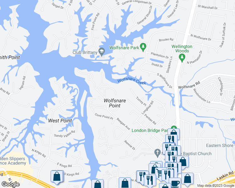 map of restaurants, bars, coffee shops, grocery stores, and more near 280 Windship Cove in Virginia Beach