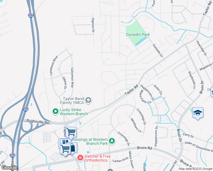 map of restaurants, bars, coffee shops, grocery stores, and more near 3551 Clover Meadow Drive in Chesapeake