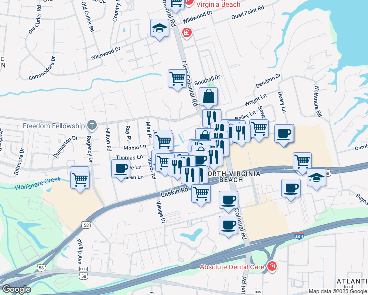 map of restaurants, bars, coffee shops, grocery stores, and more near 845 First Colonial Road in Virginia Beach