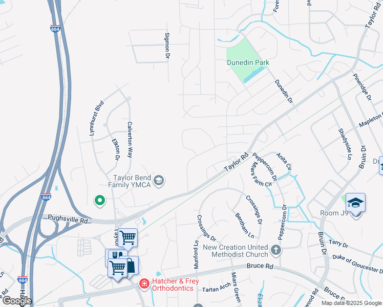 map of restaurants, bars, coffee shops, grocery stores, and more near 3612 Clover Meadow Drive in Chesapeake