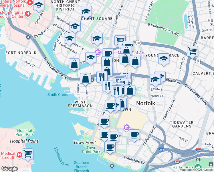 map of restaurants, bars, coffee shops, grocery stores, and more near 229 West Bute Street in Norfolk