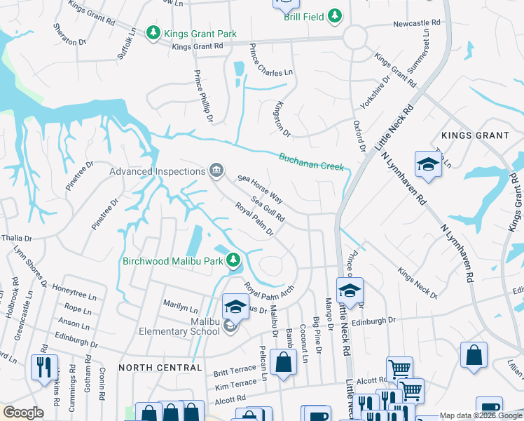 map of restaurants, bars, coffee shops, grocery stores, and more near 3541 Sea Horse Way in Virginia Beach
