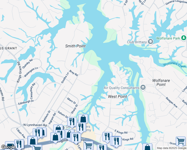 map of restaurants, bars, coffee shops, grocery stores, and more near 3109 Rivers Edge Cove in Virginia Beach