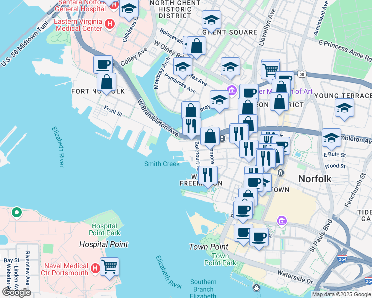 map of restaurants, bars, coffee shops, grocery stores, and more near 420 West Bute Street in Norfolk