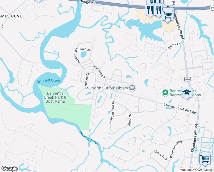 map of restaurants, bars, coffee shops, grocery stores, and more near 2104 Piedmont Road in Suffolk