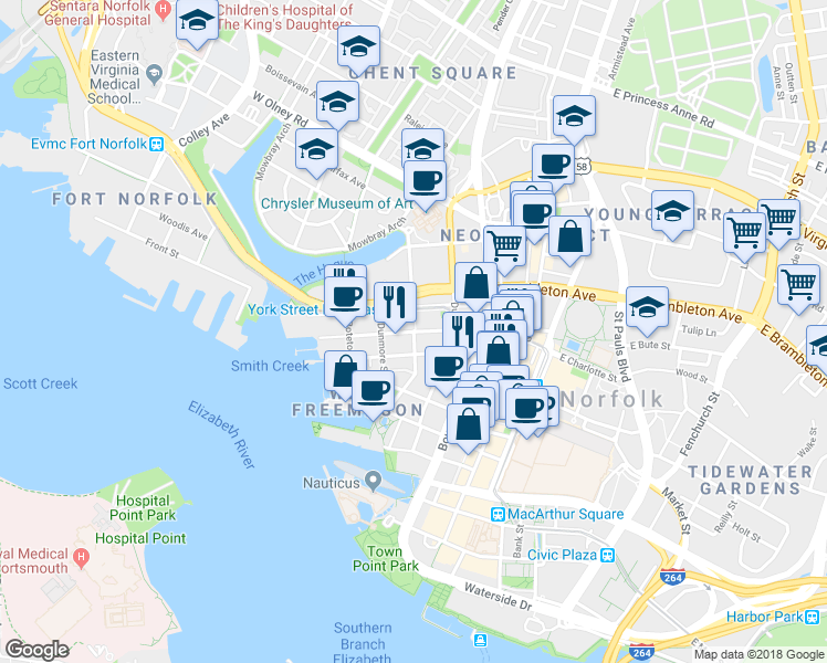 map of restaurants, bars, coffee shops, grocery stores, and more near 310 West Bute Street in Norfolk