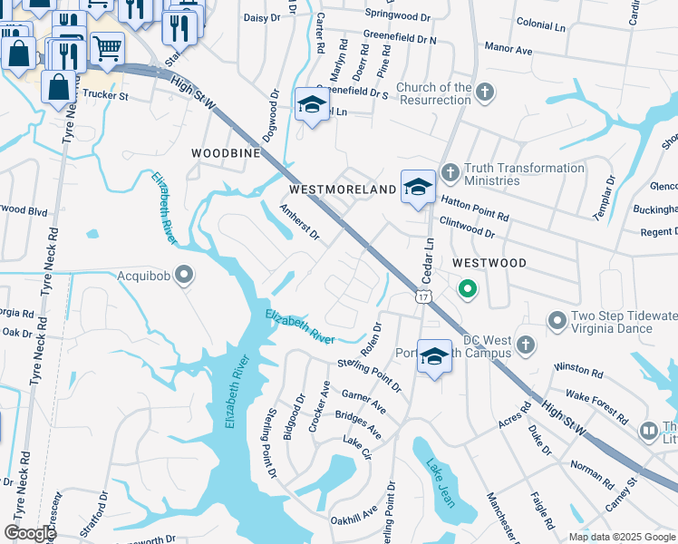 map of restaurants, bars, coffee shops, grocery stores, and more near 5114 Castle Way in Portsmouth
