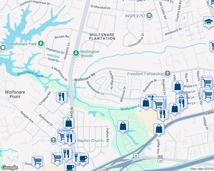 map of restaurants, bars, coffee shops, grocery stores, and more near 821 Cambridge Drive in Virginia Beach