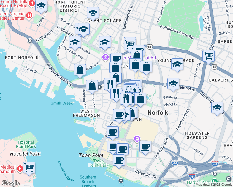 map of restaurants, bars, coffee shops, grocery stores, and more near 229 West Bute Street in Norfolk