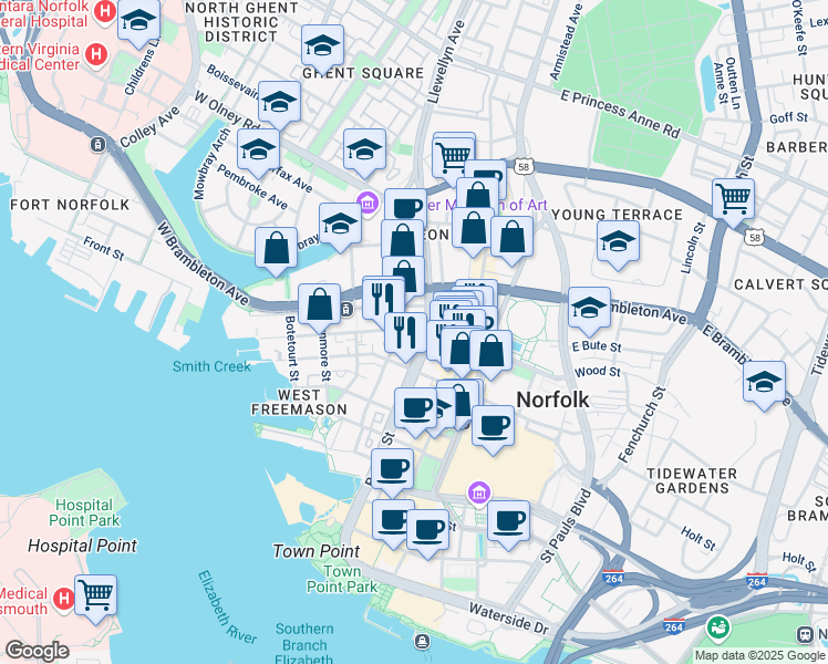 map of restaurants, bars, coffee shops, grocery stores, and more near 221 West Bute Street in Norfolk