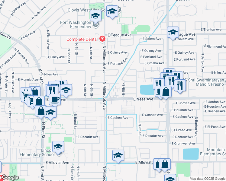 map of restaurants, bars, coffee shops, grocery stores, and more near 8080 North Millbrook Avenue in Fresno