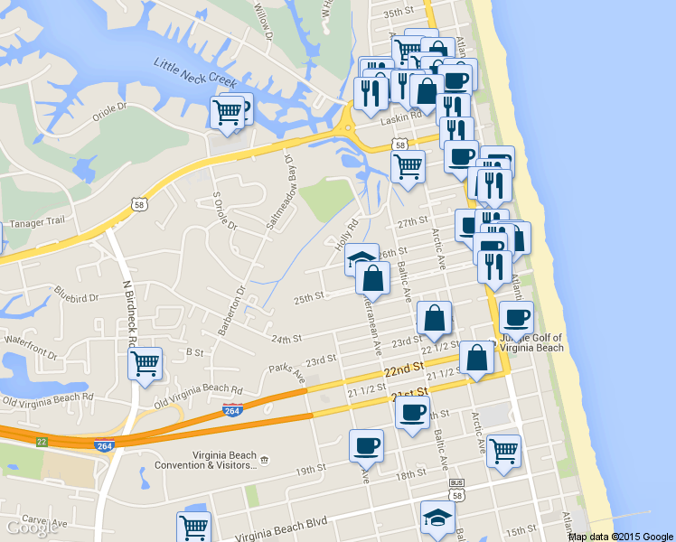 map of restaurants, bars, coffee shops, grocery stores, and more near 603 26th Street in Virginia Beach