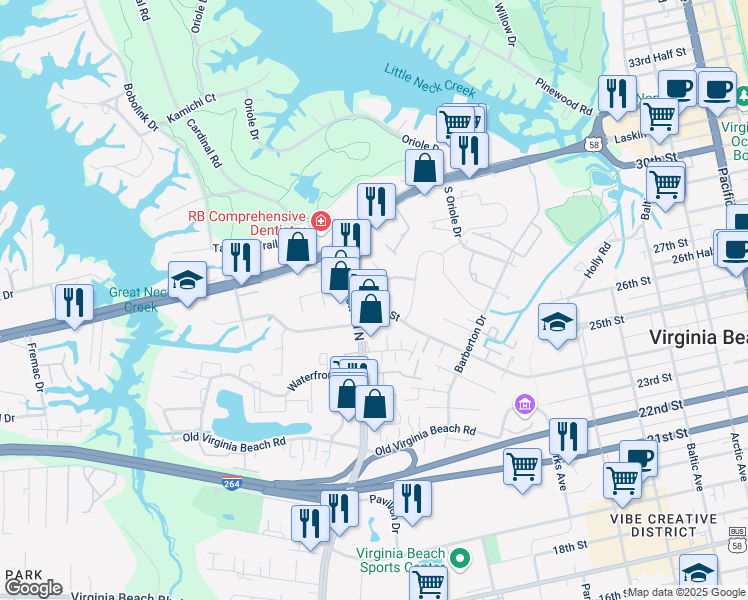 map of restaurants, bars, coffee shops, grocery stores, and more near 600 North Birdneck Road in Virginia Beach