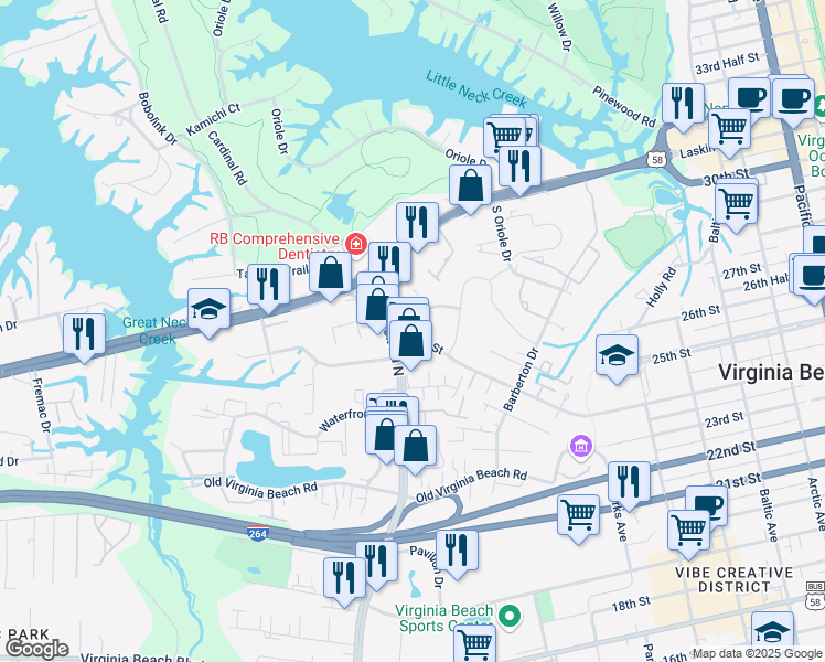 map of restaurants, bars, coffee shops, grocery stores, and more near 600 North Birdneck Road in Virginia Beach