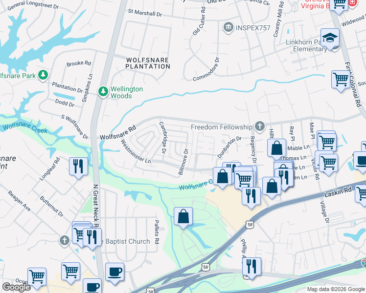 map of restaurants, bars, coffee shops, grocery stores, and more near 2213 Cannon Drive in Virginia Beach
